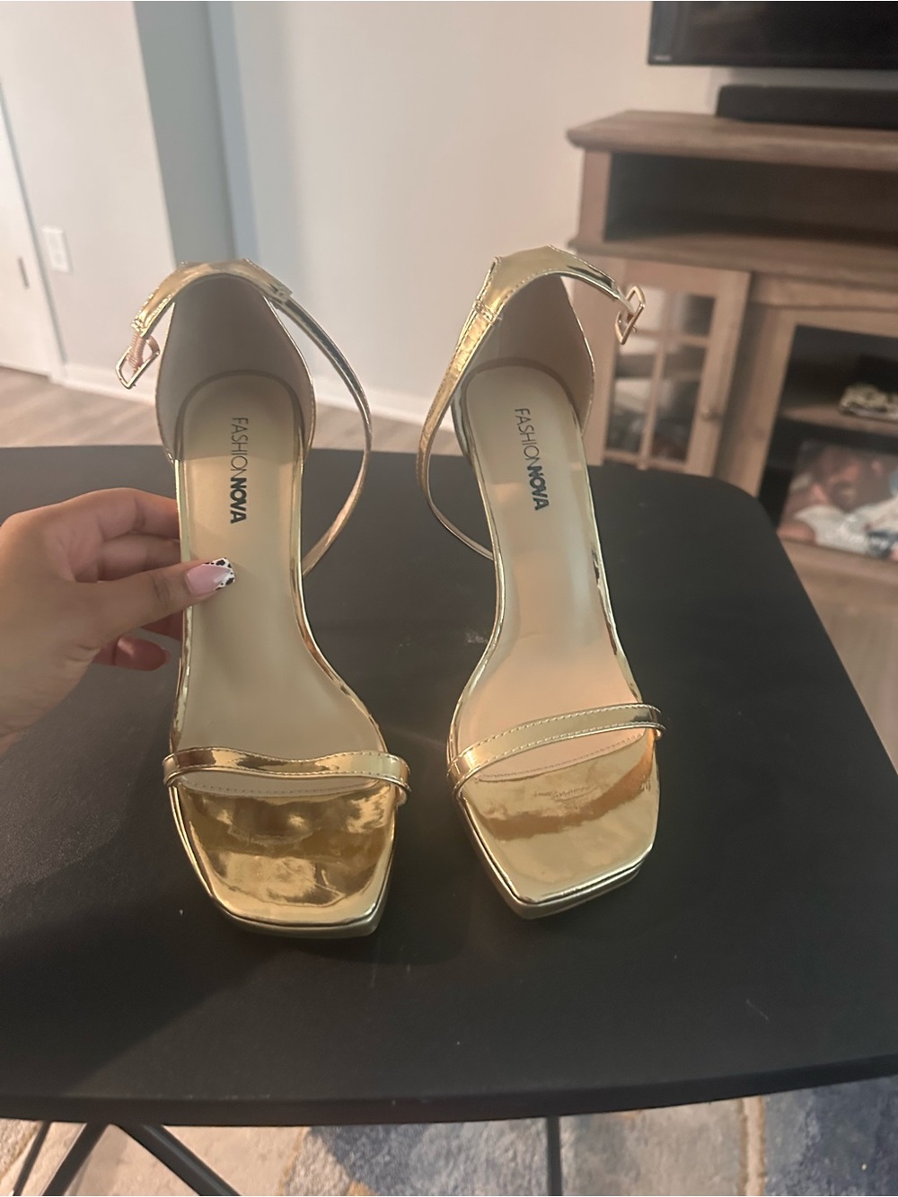 Fashion Nova Metallic Gold Ankle-Strap Block Heel Sandals